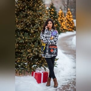 Black and White Checkered Men's Shirt with Graphic Patches
